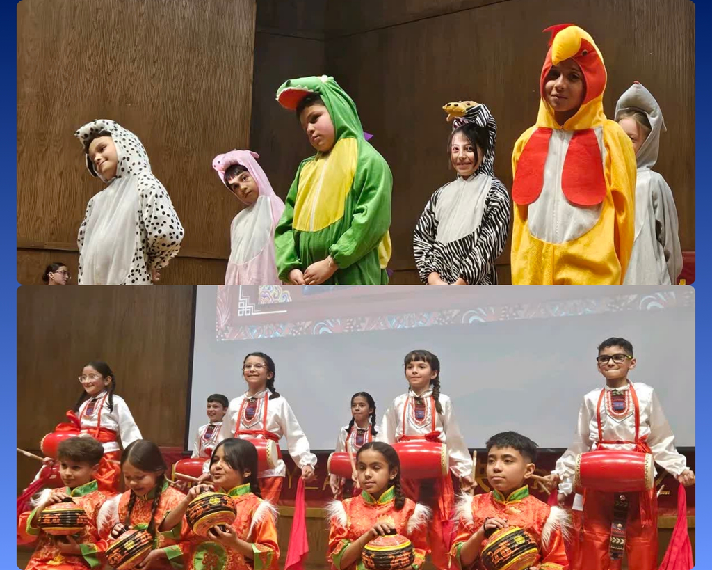 Photo collage of EKIS students at the Chinese New Year celebration performance.