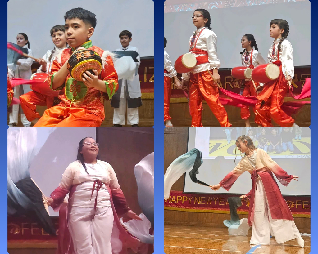 Photo collage of EKIS students at the Chinese New Year celebration performance.