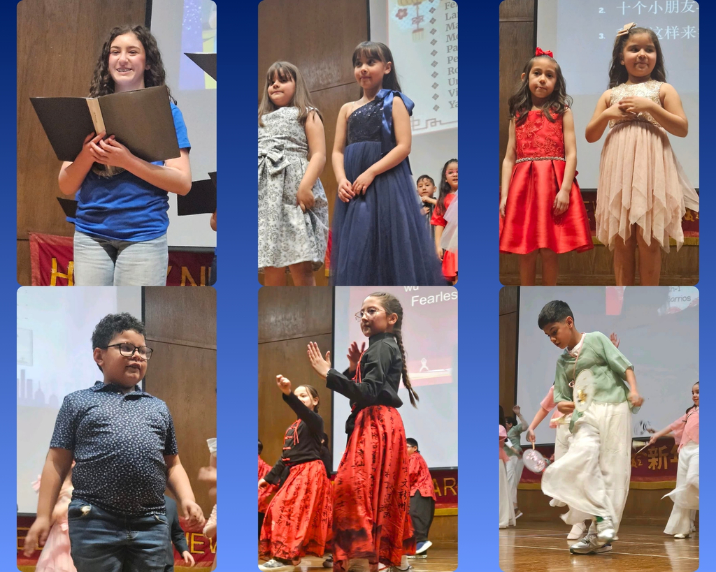 Photo collage of EKIS students at the Chinese New Year celebration performance.