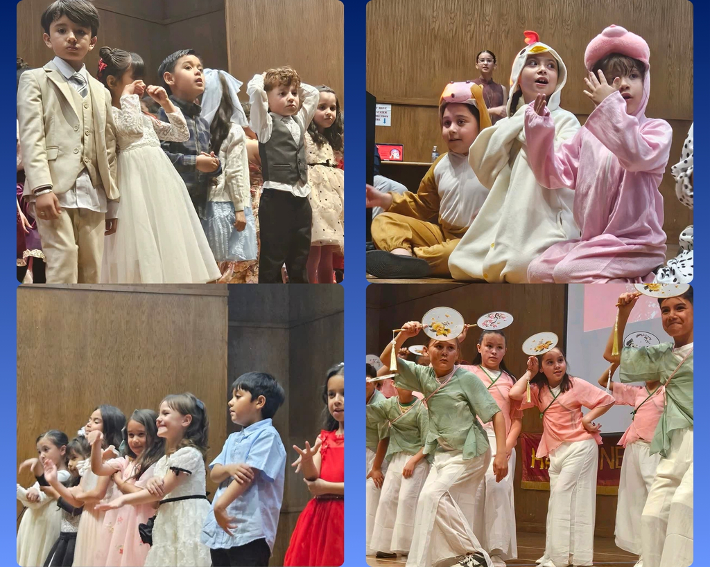 Photo collage of EKIS students at the Chinese New Year celebration performance.