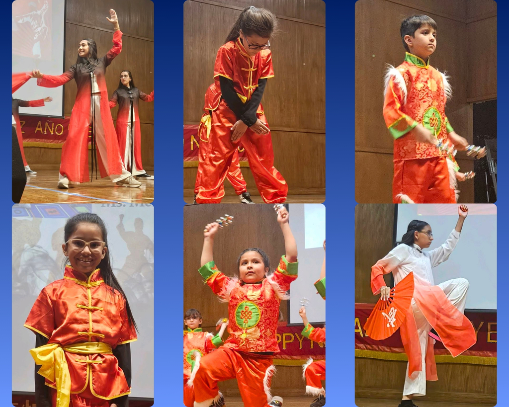 Photo collage of EKIS students at the Chinese New Year celebration performance.