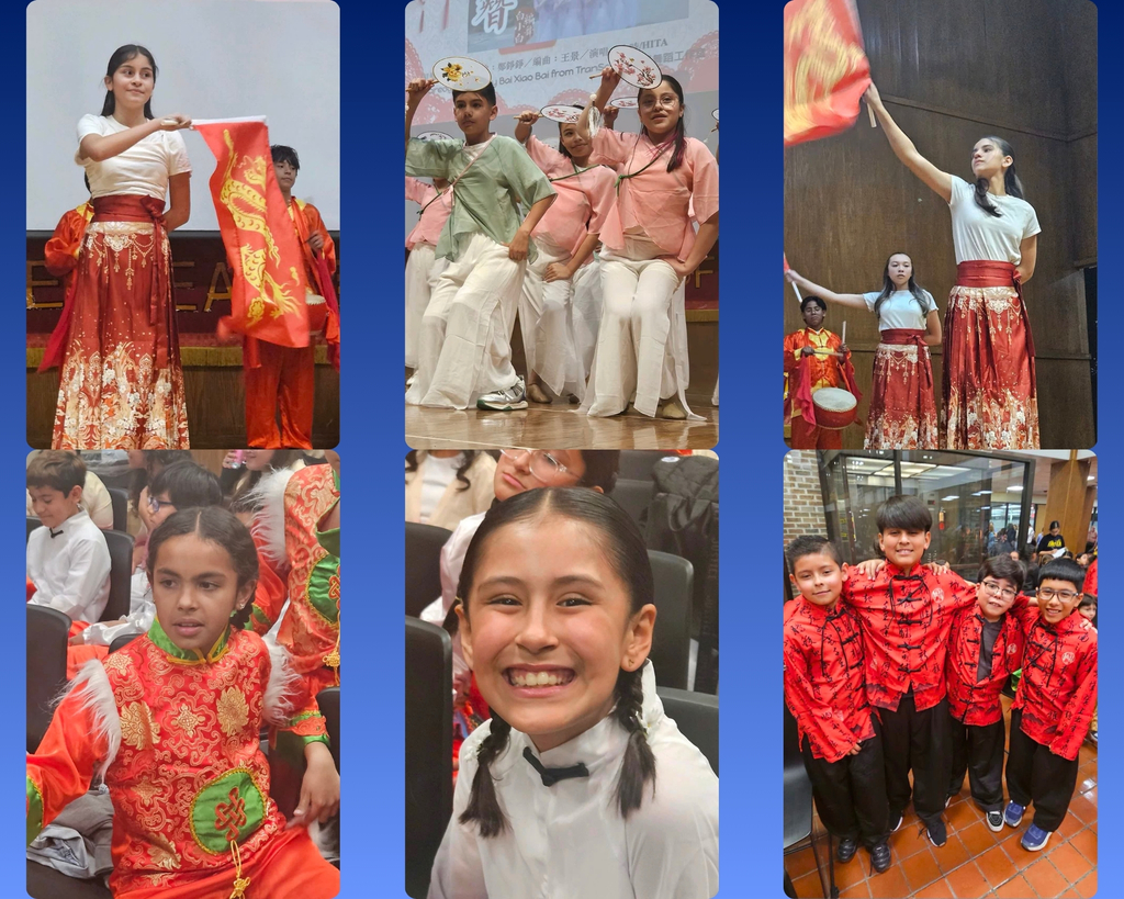 Photo collage of EKIS students at the Chinese New Year celebration performance.