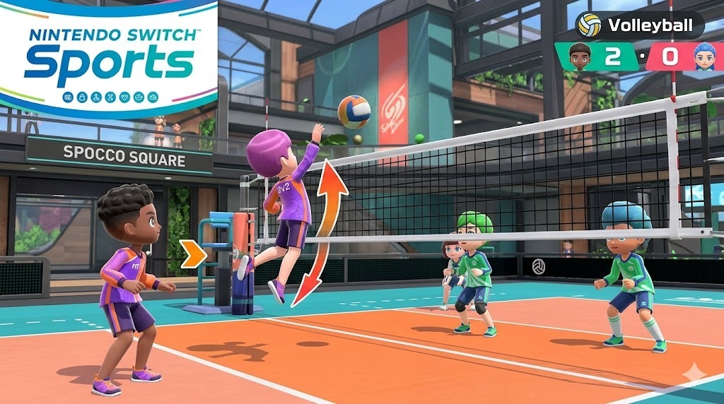 Nintendo Switch Sports advertisement post showing a 2 versus 2 volleyball game.