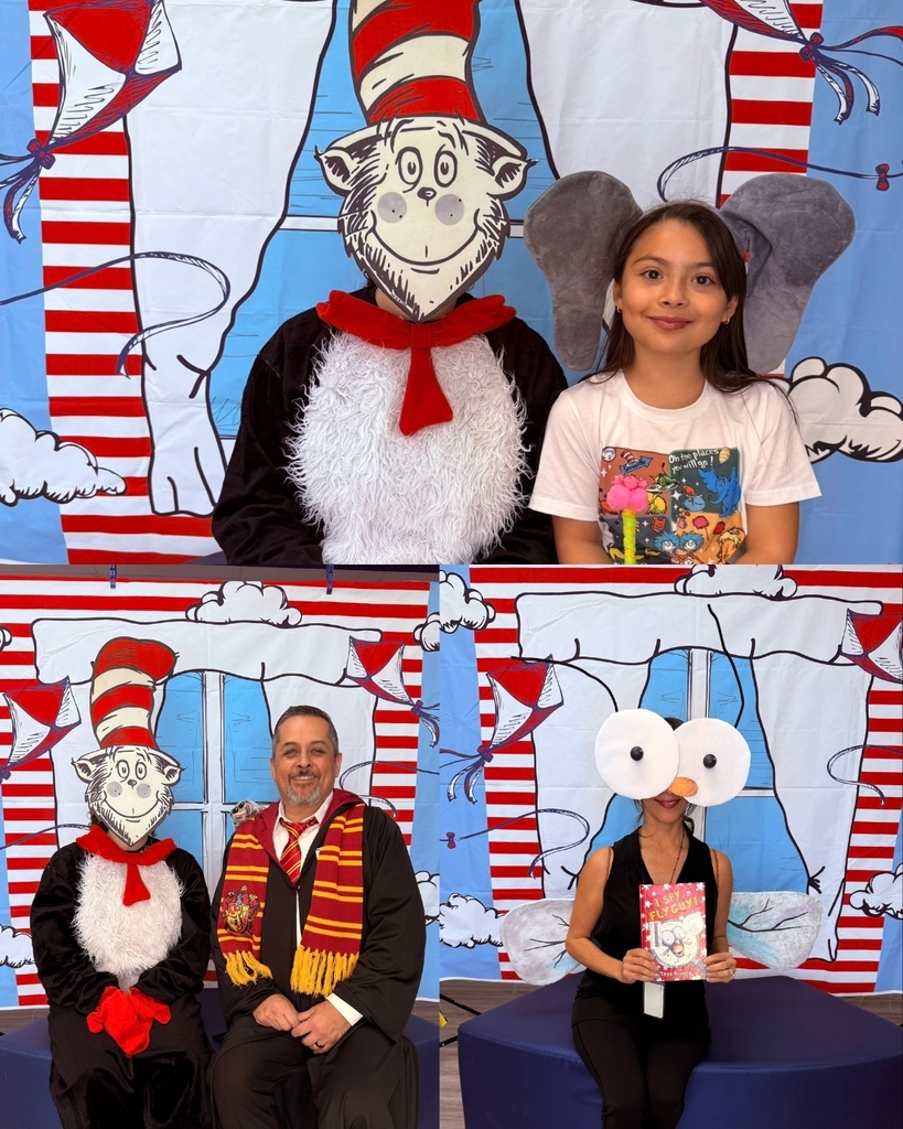 Photo collage of EKIS students and staff dressed up for pictures with The Cat in the Hat.