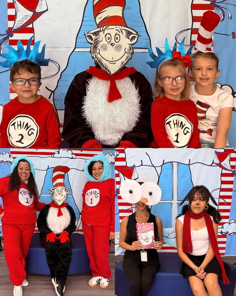Photo collage of EKIS students and staff dressed up for pictures with The Cat in the Hat.
