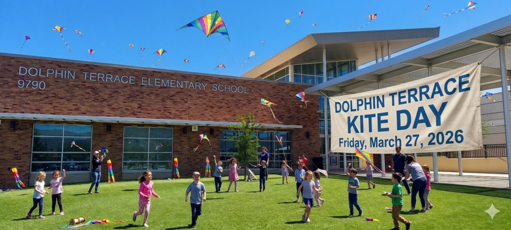 AI generated images of students flying kites in front of Dolphin Terrace elementary with a banner stating Dolphin Terrace Kite Day Friday March 27, 2026