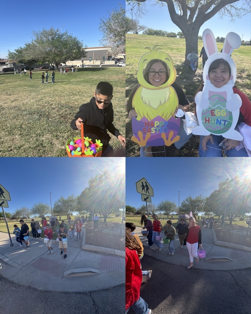 Photo collage of EKIS students in an Easter egg hunt.