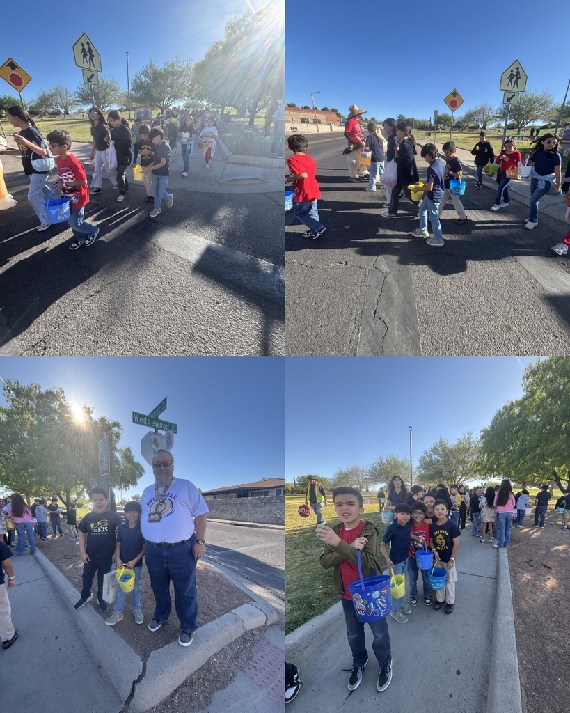 Photo collage of EKIS students in an Easter egg hunt.