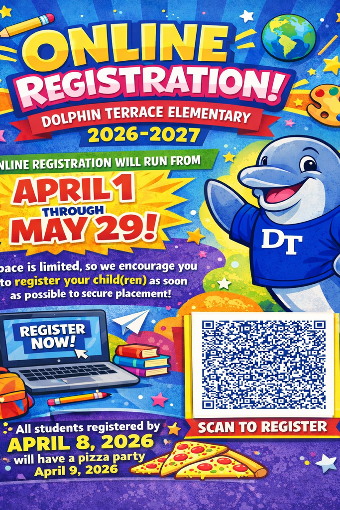 Visual graphic for Dolphin Terrace, students registered by April 8, 2026 will participate in a pizza party April 9.