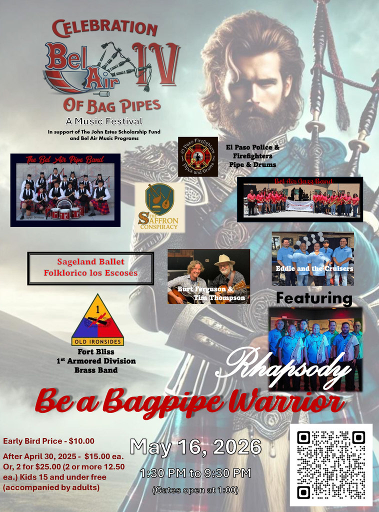 Make plans to attend the Celebration of Bag Pipes IV!  May 16th 2026.  Get your tickets early and save!
