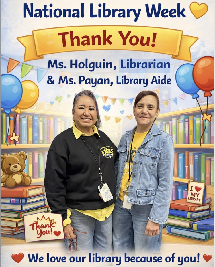 librarian and library aide smiling with a cartoon library in the background 
