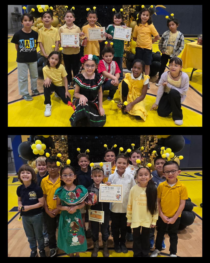 Photo collage of Eastwood Knolls elementary students participating in the campus Math Bee competition grouped together for the grade level photo.