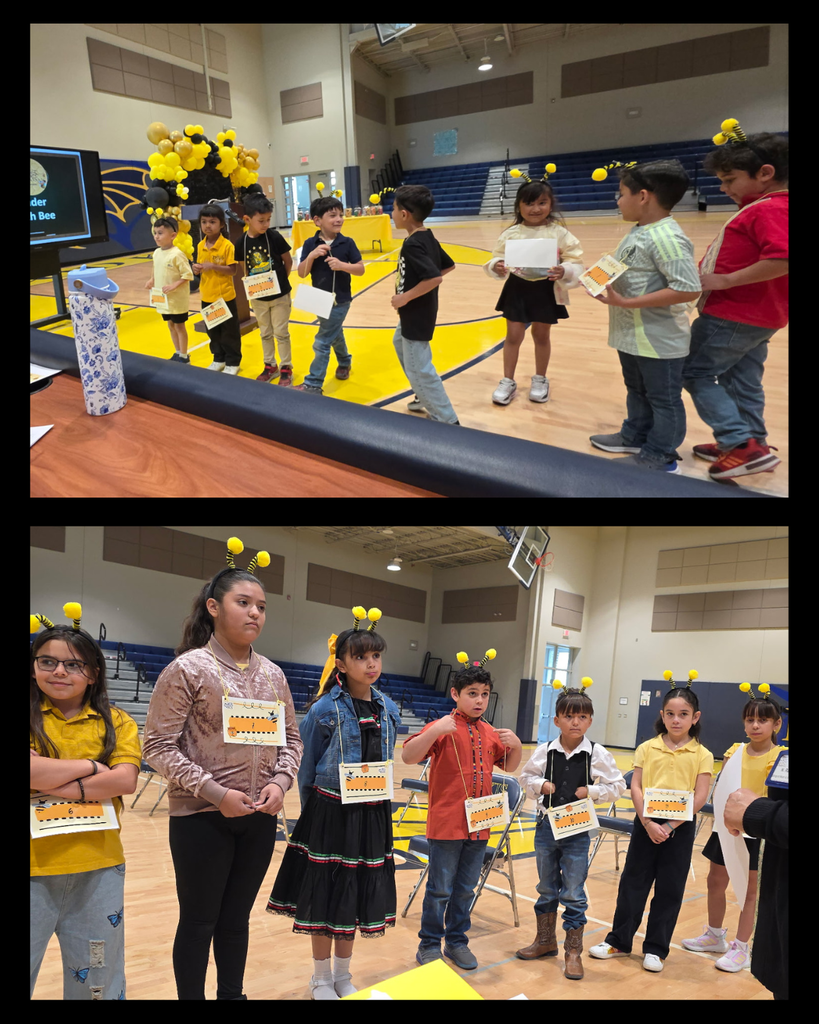 Photo collage of Eastwood Knolls elementary students participating in the campus Math Bee competition waiting to answer math problems.