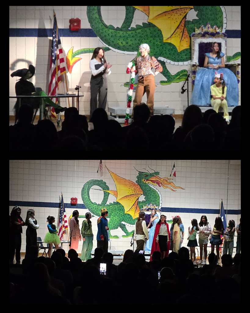 Photo collage of Eastwood Knolls theater students on stage performing a scene of the play Trial of the Wicked Witch.