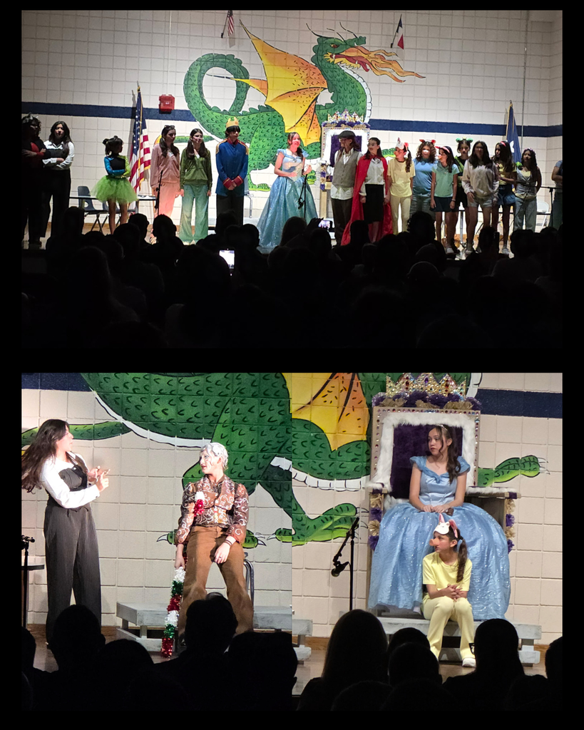 Photo collage of Eastwood Knolls theater students on stage performing a scene of the play Trial of the Wicked Witch.