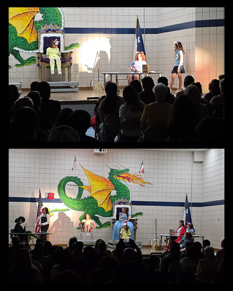 Photo collage of Eastwood Knolls theater students on stage performing a scene of the play Trial of the Wicked Witch.