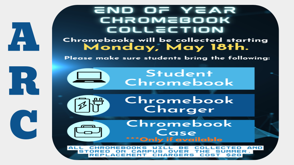 Chromebook collection begins Monday, May19th. Bring your chromebook, charger and case, every day.