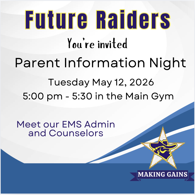 Eastwood Middle flyer announcing Parent Information Night, May 12,2026 from 5-5:30 pm