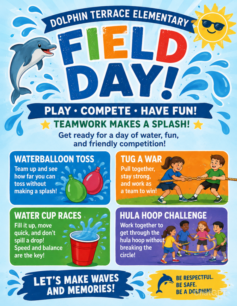A colorful promotional flyer for Dolphin Terrace Elementary’s “Field Day” event. The flyer features large, bold text reading “Field Day!” with water splash graphics, a smiling dolphin illustration, and a cartoon sun wearing sunglasses. The theme emphasizes teamwork, fun, and friendly competition.