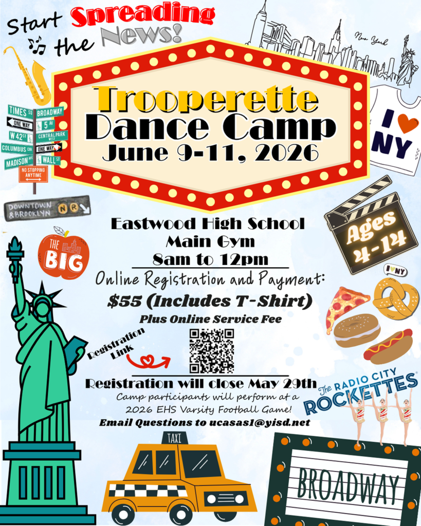 Trooperette Dance Camp flyer with a QR code to register students interested. Camp date June 9-11 from 8 am - 12 pm.