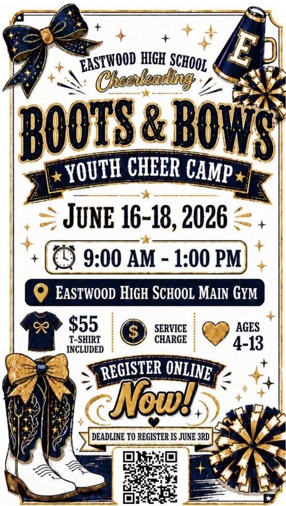 Cheer camp flyer for June 16-18, 2026. Price is $55 for ages 4-13. QR code available to register.