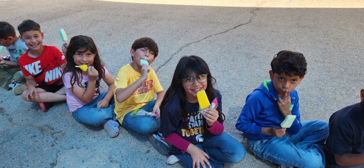Students sitting outside on a bright day eating a popsicle
