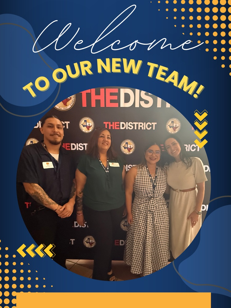 Flyer with blue and yellow designs that show three new student residents posing with Principal of the school