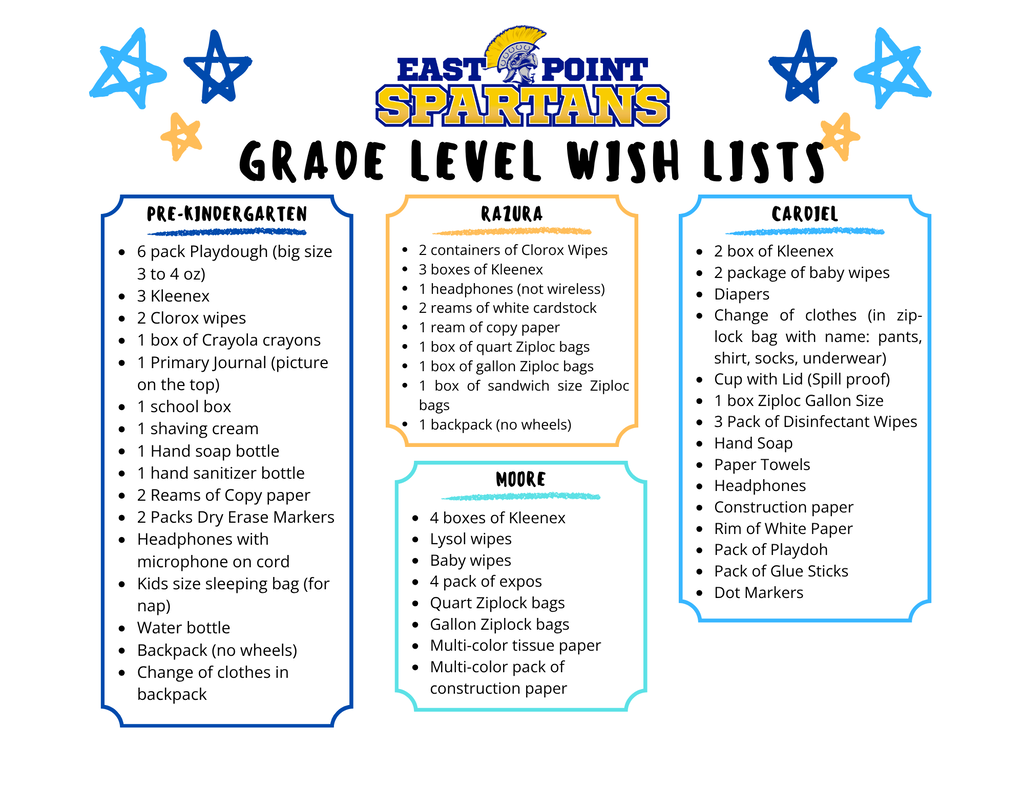 A comprehensive list of all grade levels with materials that they will need for 2026-27 school year. Every list has a very detailed list that is specific to each grade level or teacher.