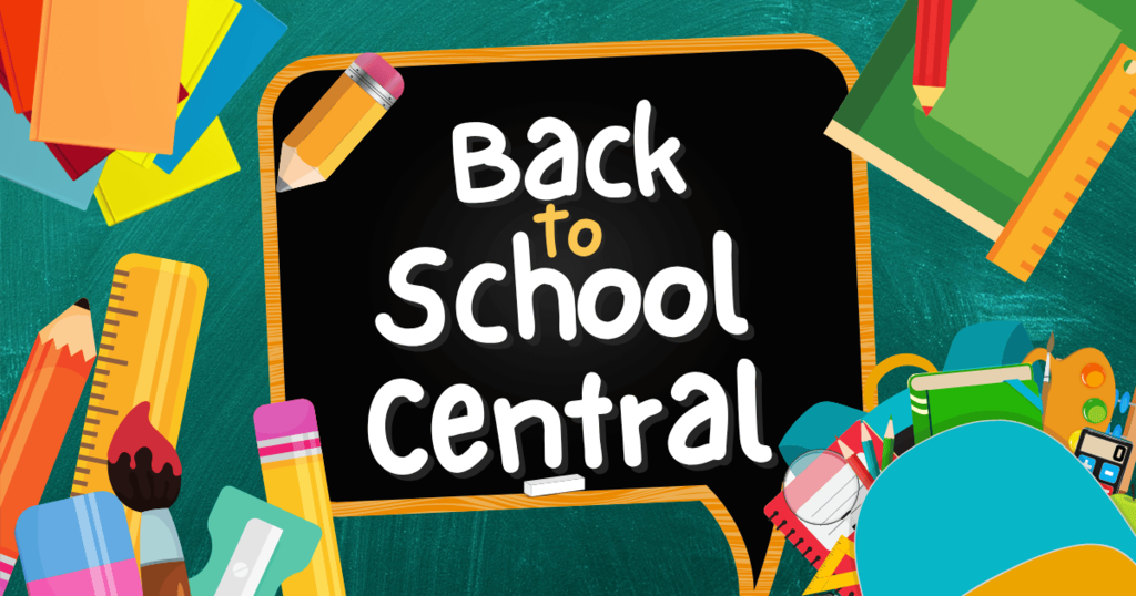Back to School Central written on a cartoon blackboard