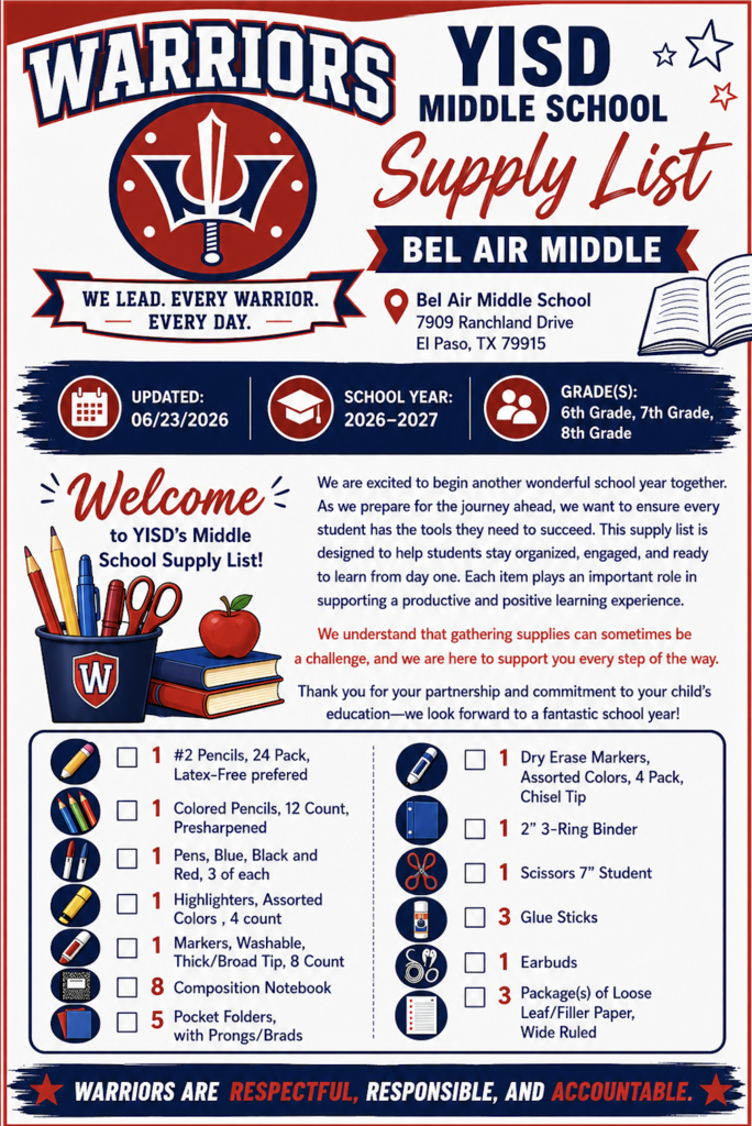 Supply List for the 2026 - 2027 School Year