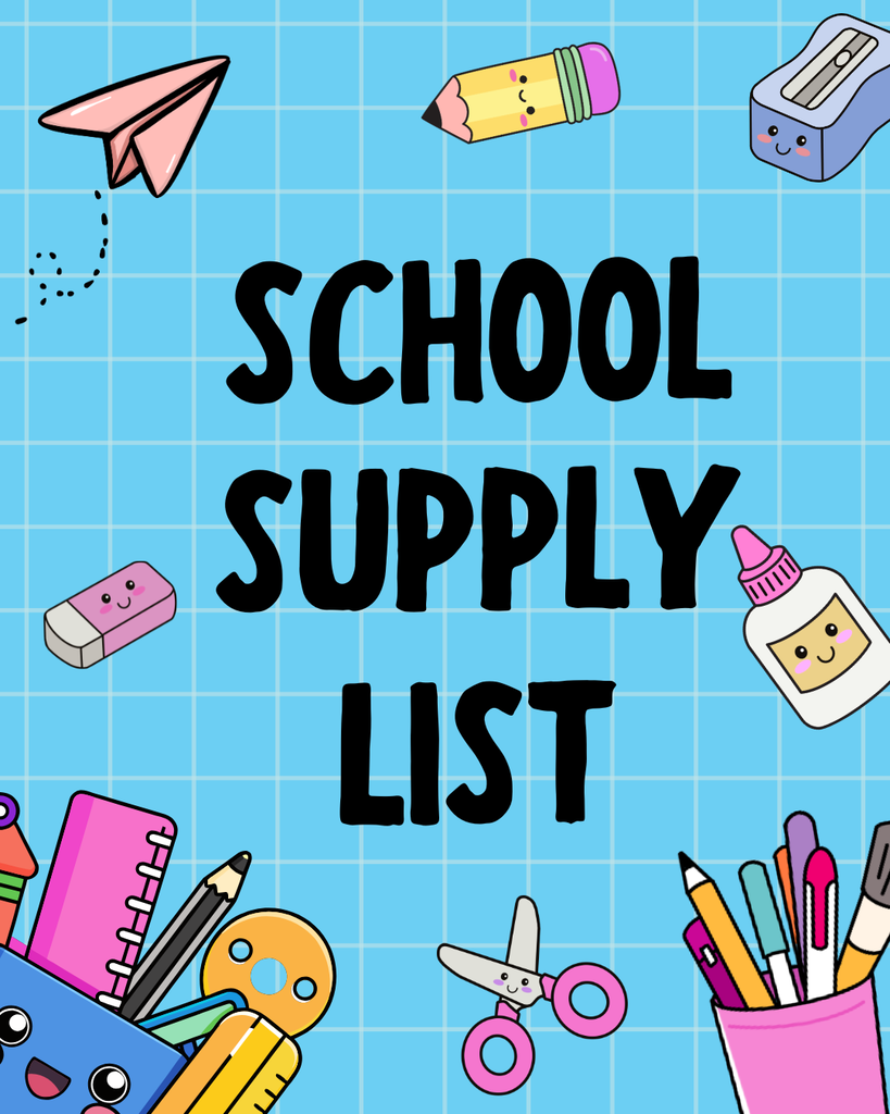 School Supply List Flyer Cartoon style with cartoon school supplies