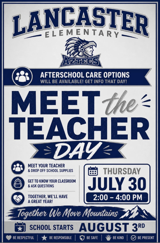 Lancaster announcement for Meet The Teacher Day.