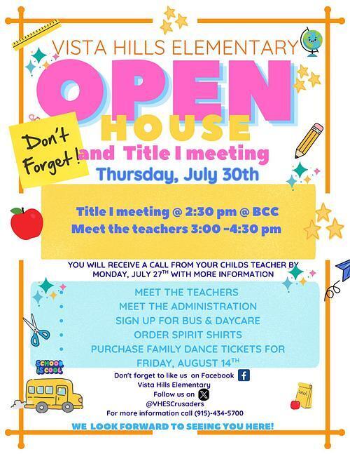 Join us for our Open House!  Title 1 Meeting will be at 2:30pm at the BCC  Meet the teachers will begin at 3:00pm to 4:30pm  We look forward to seeing you!