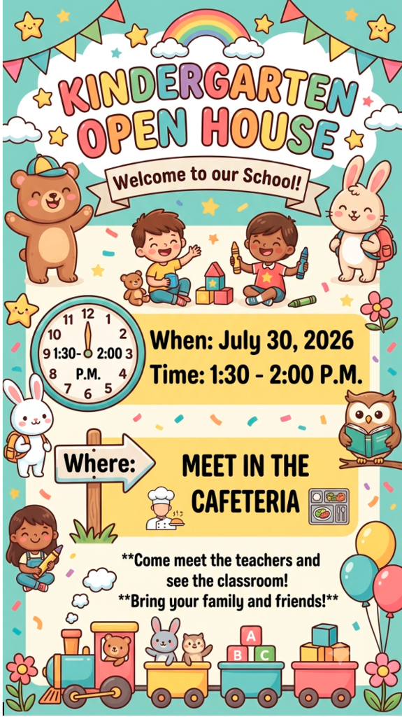 Kindergarten Open House flyer with cartoon animals, children playing, event date July 30, 2026, time 1:30–2:00 PM, and location in the cafeteria.