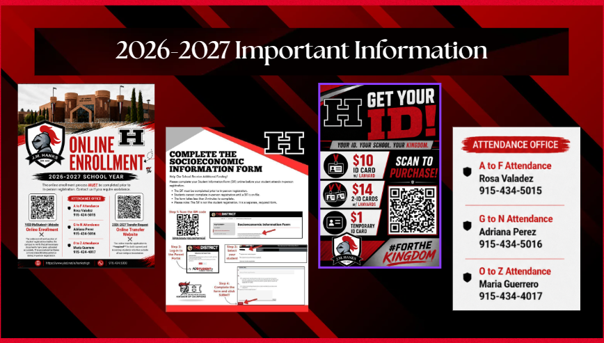 26-27 School Year Important Information: Online Enrollment, Socioeconomic Info Form, Get Hanks ID card & Attendance Office list