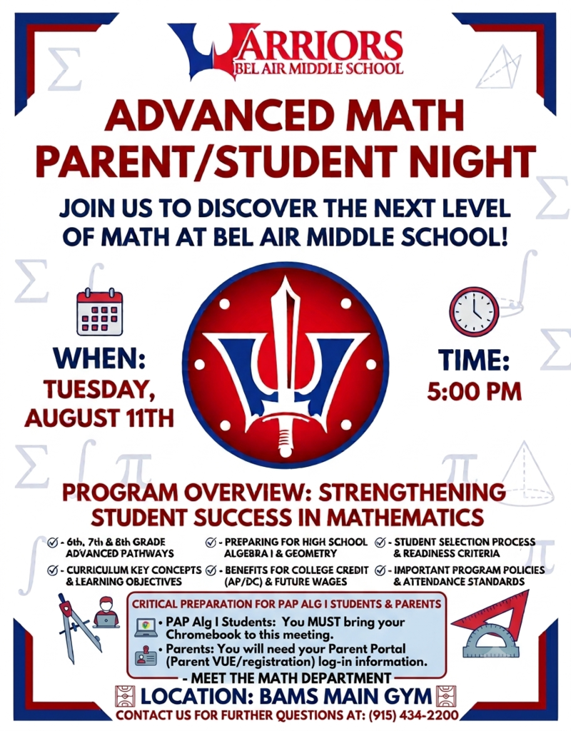Advanced Math Parent/Student Night Tuesday August 11, 2026