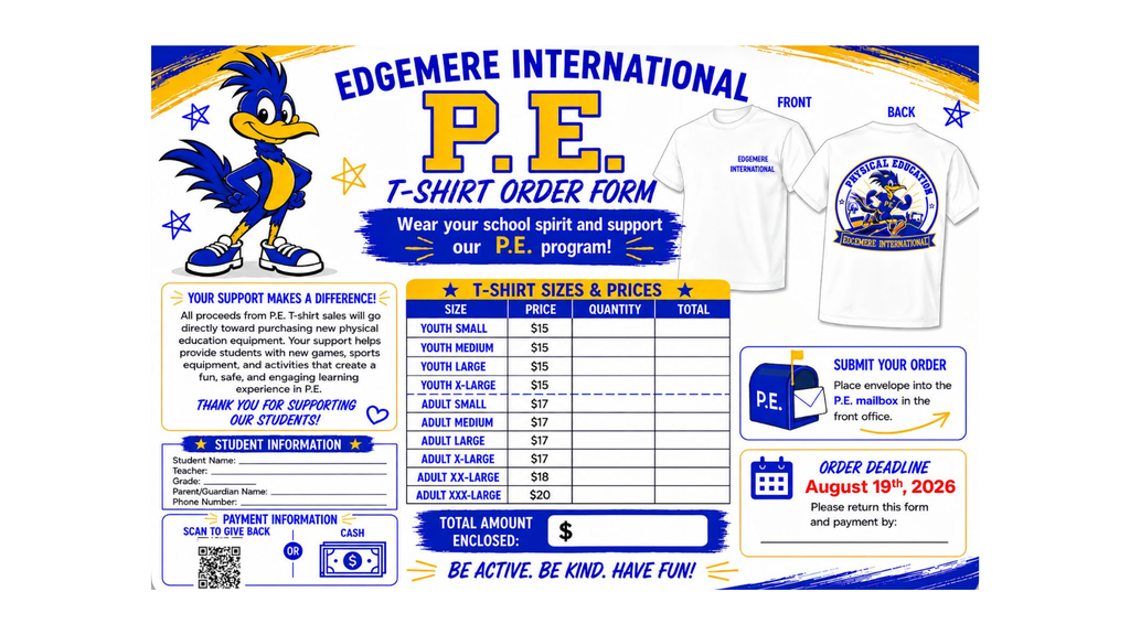 Edgemere International P.E. T-shirt order form featuring pricing, mascot design, order deadline of August 19, 2026, and submission details for the front office.