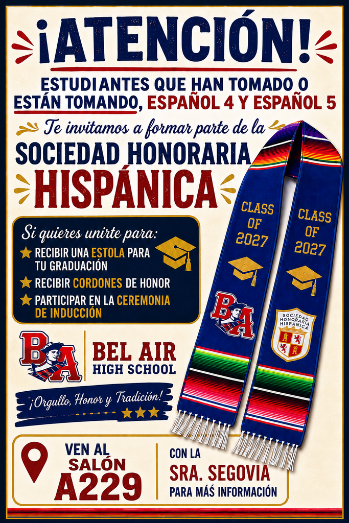 ¡Atención, estudiantes! Si has tomado o estás tomando Español 4 o Español 5, ¡puedes ser parte de la Sociedad Honoraria Hispánica! Los miembros podrán participar en la ceremonia de inducción, recibir cordones de honor y obtener una estola especial para su graduación. Si estás interesado, visita a la Sra. Segovia en el salón A229 para más información. ¡Ven y sé parte de la Sociedad Honoraria Hispánica! ¡Te esperamos en A229! 🇪🇸🎓