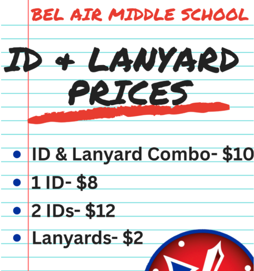 Id and Lanyard Prices Flyer - 1 ID ($8), 2 IDs ($12), Lanyard ($2), ID & Lanyard Combo ($10)