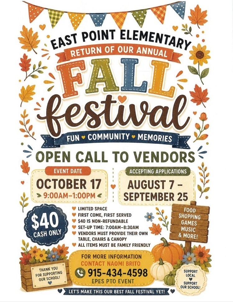 Fall festival on October 17 from 9-1 pm. accepting applications for from August 7- September 15 please 915-434-4598
