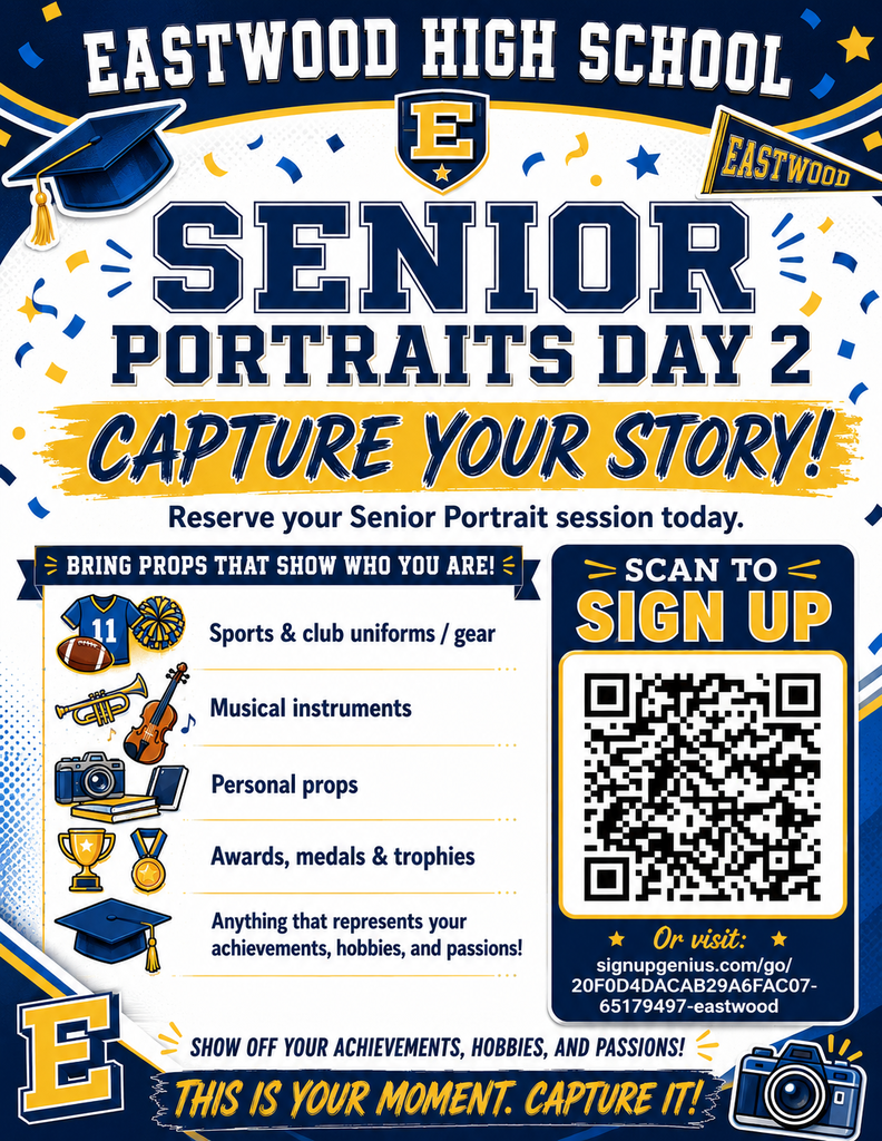 Senior Portrait sessions Day 2 are coming up! Reserve your spot today and get ready to capture this milestone in your Eastwood story.  📅 Sign up for your Senior Portrait session here: https://www.signupgenius.com/go/20F0D4DACAB29A6FAC07-65179497-eastwood