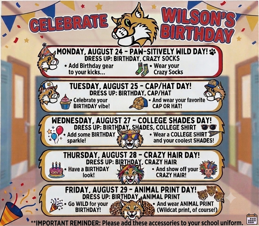 Presa Elementary School flyer for Spirit Week celebrating Wilson's Birthday from August 24–29 with themed dress-up days: Crazy Socks, Cap/Hat Day, College Shirts with Shades, Crazy Hair Day, and Animal Print Day add to uniform