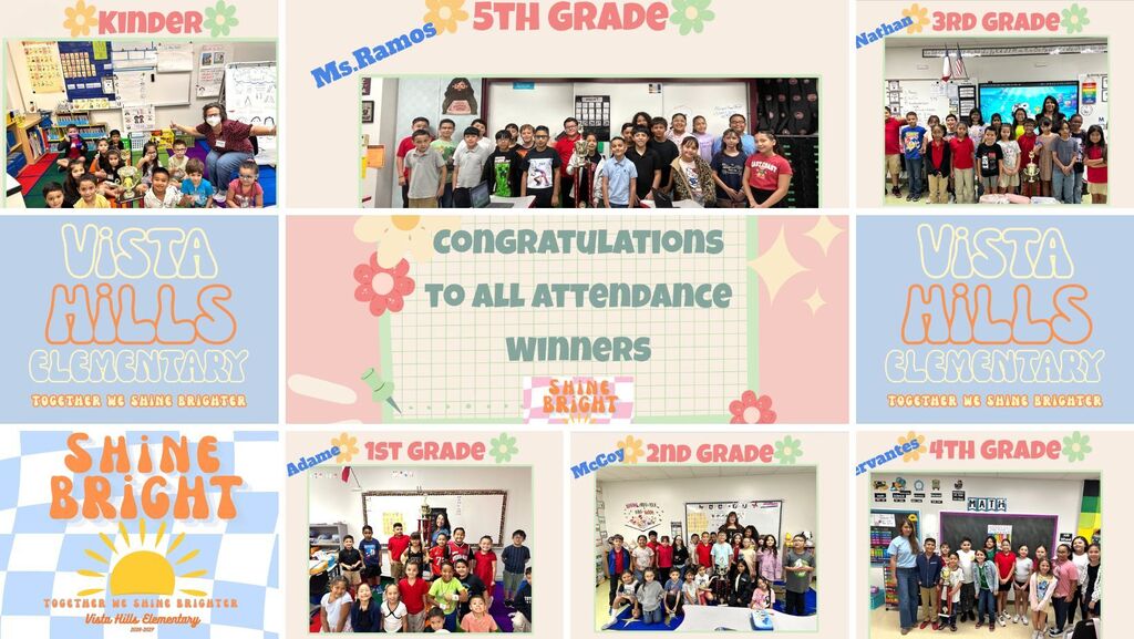 This image shows six images of six classes, kinder, first, second, third, fourth and fifth grade. These classes K-2, 1-4, 2-4, 3-4, 4-1 and 5-3 won last week's attendance award for being in school! Congratulations!