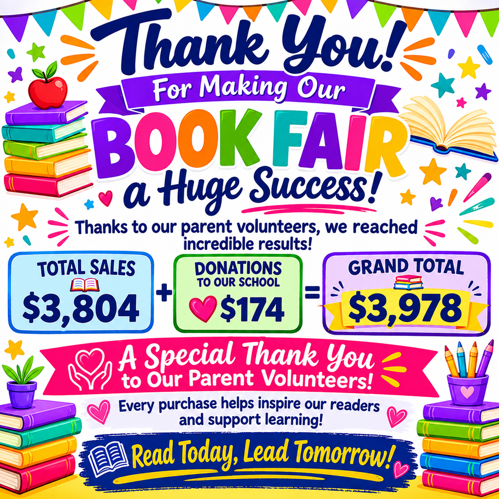 Colorful thank-you poster celebrating a successful school book fair. Large text reads, “Thank You! For Making Our Book Fair a Huge Success!” Decorative graphics include stacks of books, an apple, an open book, pencils, stars, hearts, and colorful pennant banners. The poster states that parent volunteers helped achieve “incredible results,” showing total sales of $3,804, donations to the school of $174, and a grand total of $3,978. A banner thanks parent volunteers, and a final message reads, “Every purchase helps inspire our readers and support learning! Read Today, Lead Tomorrow!”