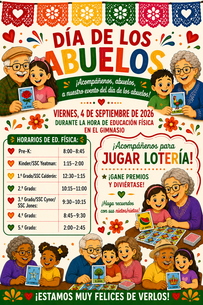 Volante del evento para el Día de los Abuelos con Lotería en la Escuela Primaria Presa, el viernes 4 de septiembre de 2026 en el gimnasio durante Educación Física. Muestra ilustraciones de abuelos y niños jugando Lotería con decoraciones de papel picado.