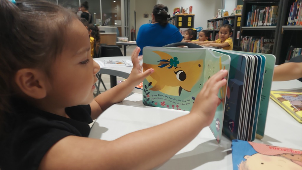 A Parkland Pre-K student sits at a table in a classroom library, looking closely at the illustrations in a colorful picture book. The student uses both hands to turn the pages while examining the pictures. Additional books are displayed on shelves nearby, and other young students can be seen participating in a reading activity with an adult in the background. The image captures an early-literacy activity focused on exploring books and learning through pictures.