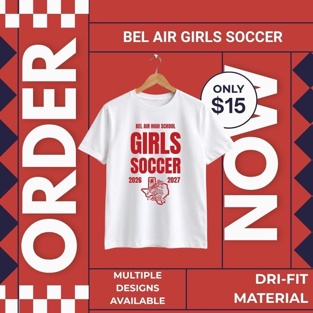 Support the Bel Air Girls Soccer Team this year!Support the Bel Air Girls Soccer Team this year!

Show your team pride and support the Bel Air Girls Soccer program for the upcoming season! We're selling Dri-Fit shirts to help raise funds for our players.

Details: Price: $15 (extra $3 for 2XL and 3XL)

Styles: Both men's and women's

Material: Dri-Fit (100% polyester)

 Options: Multiple designs available!

Whether you're in the stands, at practice, or repping Bel Air around, grab yours today before order window closes!

Show your team pride and support the Bel Air Girls Soccer program for the upcoming season! We're selling Dri-Fit shirts to help raise funds for our players.

Details: Price: $15 (extra $3 for 2XL and 3XL)

Styles: Both men's and women's

Material: Dri-Fit (100% polyester)

 Options: Multiple designs available!

Whether you're in the stands, at practice, or repping Bel Air around, grab yours today before order window closes!