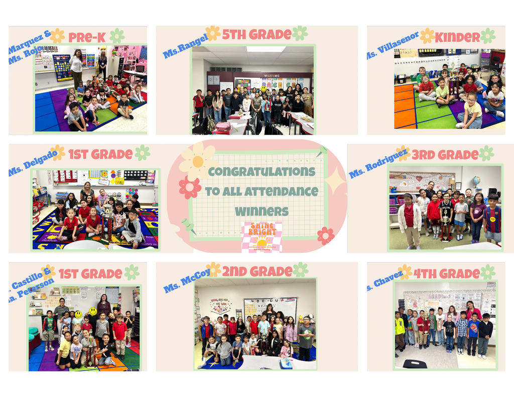 This image shows Pre kindergarten, two first grade classes, one second grade class, one third grade class, one fourth grade class and one fifth grade class who won the top attendance award trophies at Vista Hills Elemetary for the week of August 24, 2026.