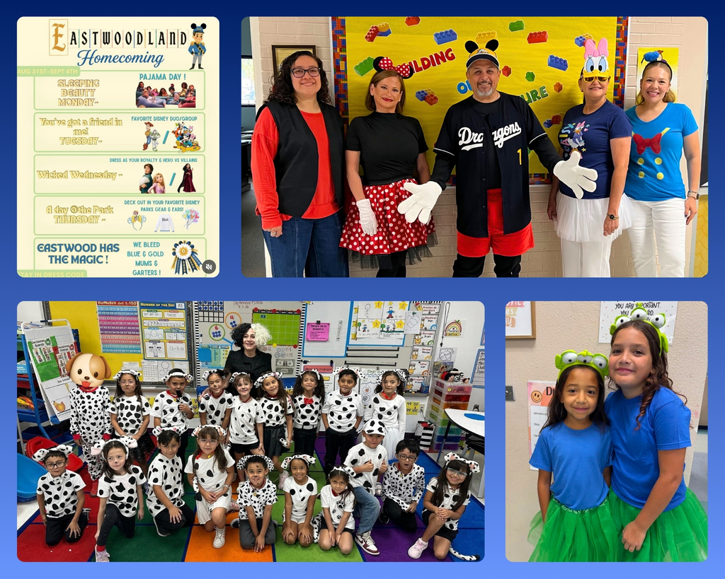 Photo collage of EKIS students, teachers, and administrators dressed up in Disney themes of duos or groups for EHS homecoming week.