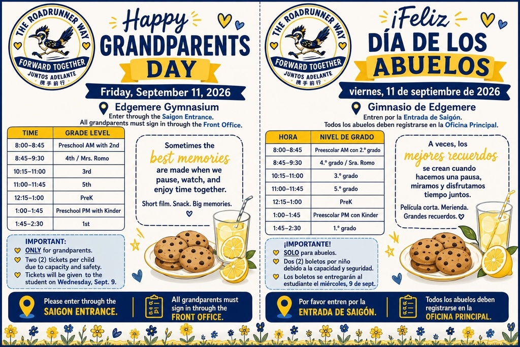Bilingual flyer for Edgemere Grandparents Day on Friday, September 11, 2026, at Edgemere Gymnasium, detailing grade-level time slots from 8:00 AM to 2:30 PM, entrance instructions, ticket limits, and a cookie and lemonade graphic.